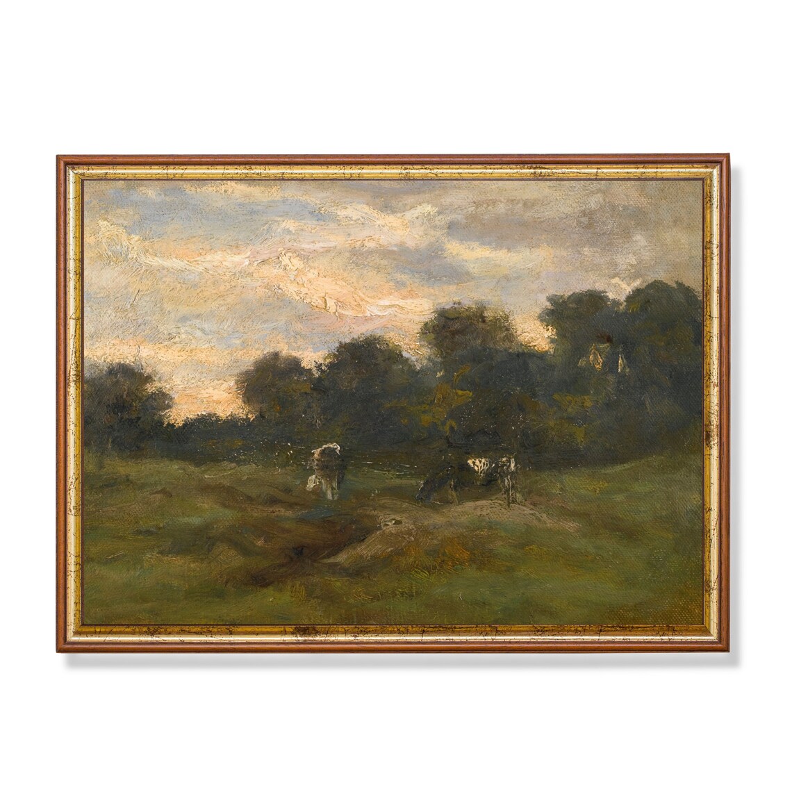 Cows Grazing at Dusk in a Dark Wooded Pasture Landscape Poster