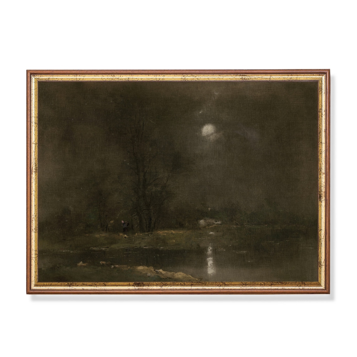 Moonlit River at Night with Figure Antique Moody Nocturne Painting Poster