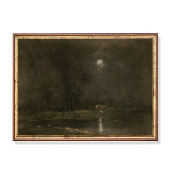 Moonlit River at Night with Figure Antique Moody Nocturne Painting Poster