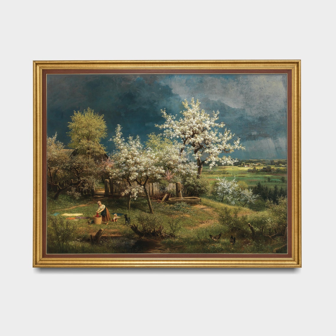 Spring Farmyard Blossoming Trees Vintage Country Scene Painting Poster - Image 3
