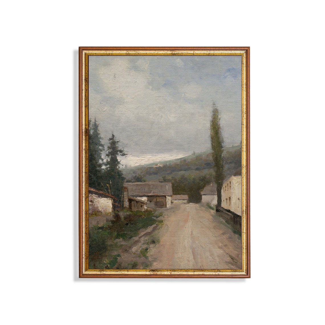 Rustic Village Road with a Tall Poplar Tree Vintage Vertical Poster