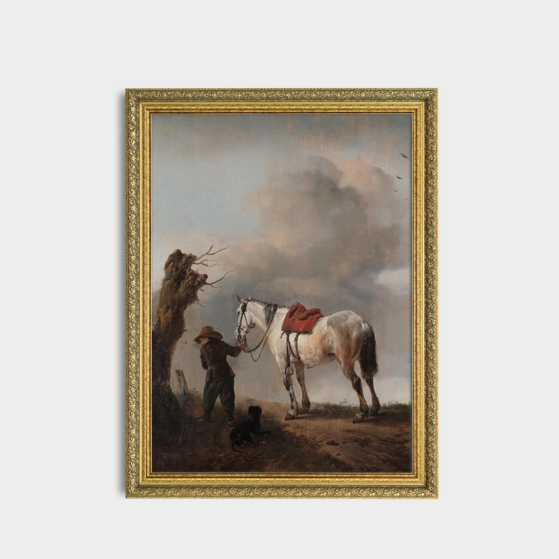 Boy Leading a Saddled Gray Horse With Small Dog Moody Poster - Image 3