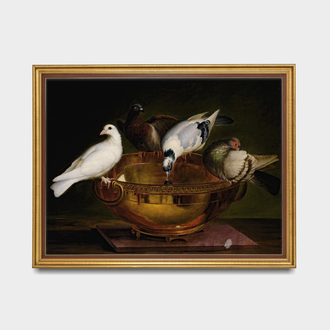 Five Doves Around a Golden Bowl Dark Background Bird Painting Poster - Image 3