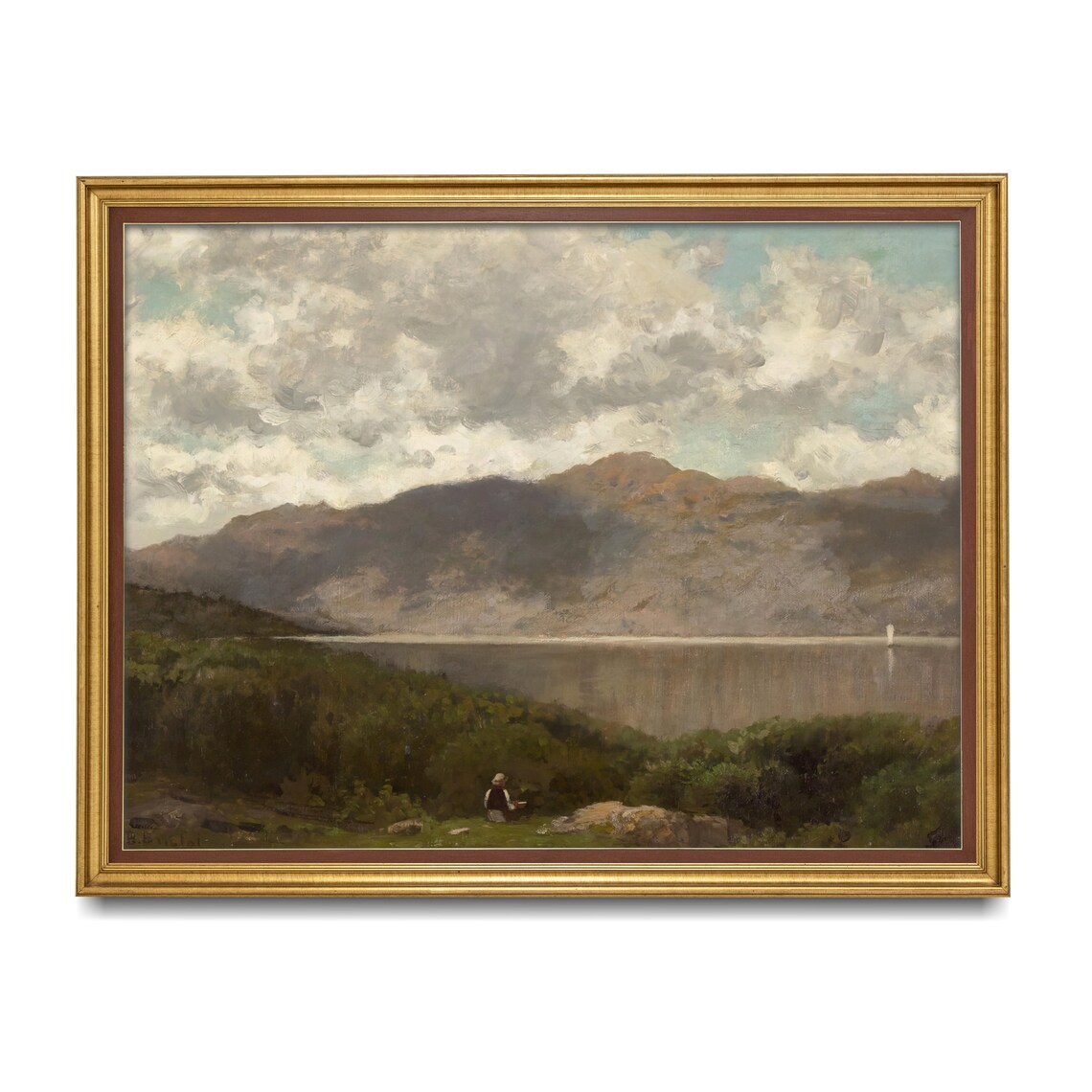Vintage Calm Lake Mountains Green Shore Figure Oil Painting Poster - Image 3