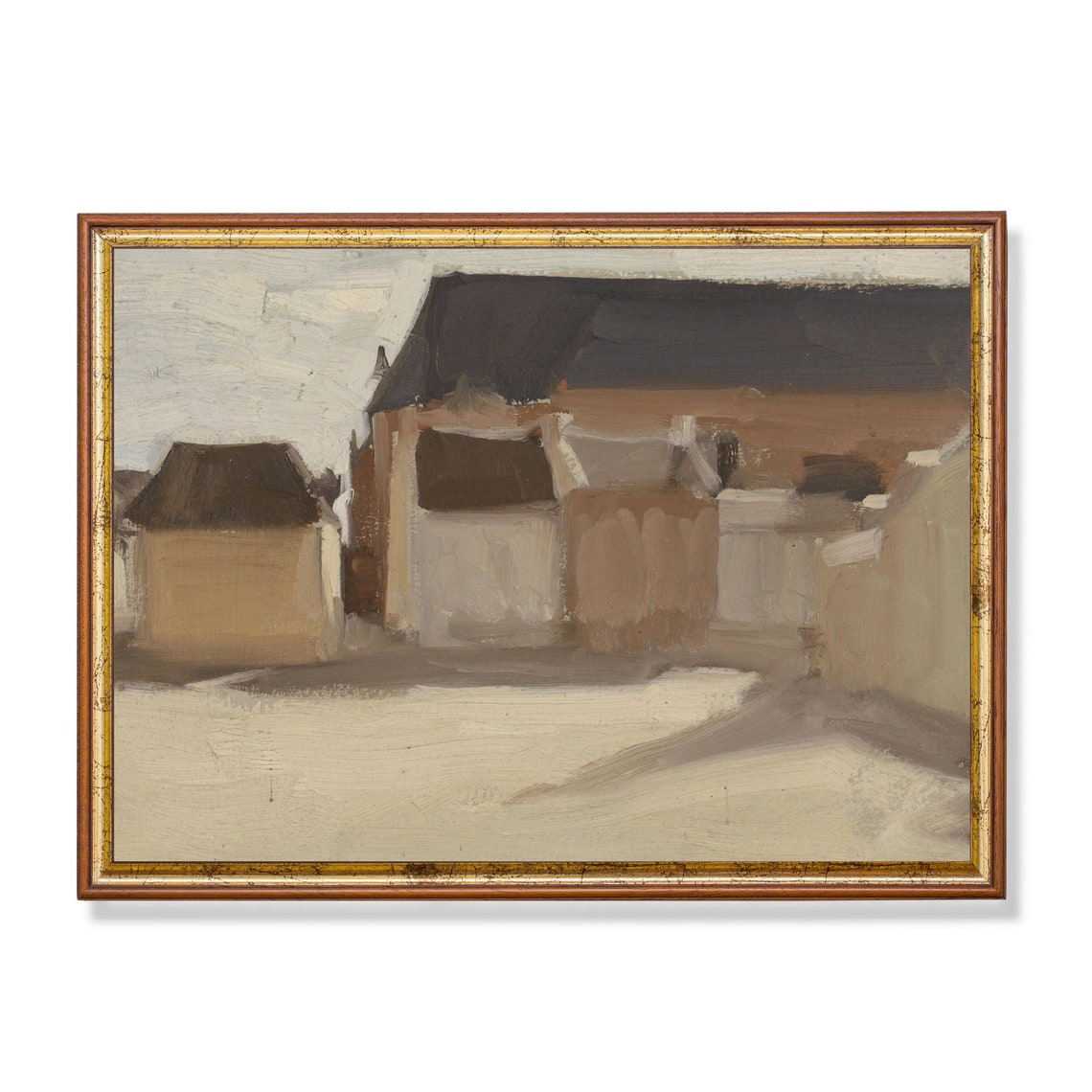 Vintage Landscape Painting Country Village Houses Print Antique Farmhouse Decor Neutral Art Wall Art
