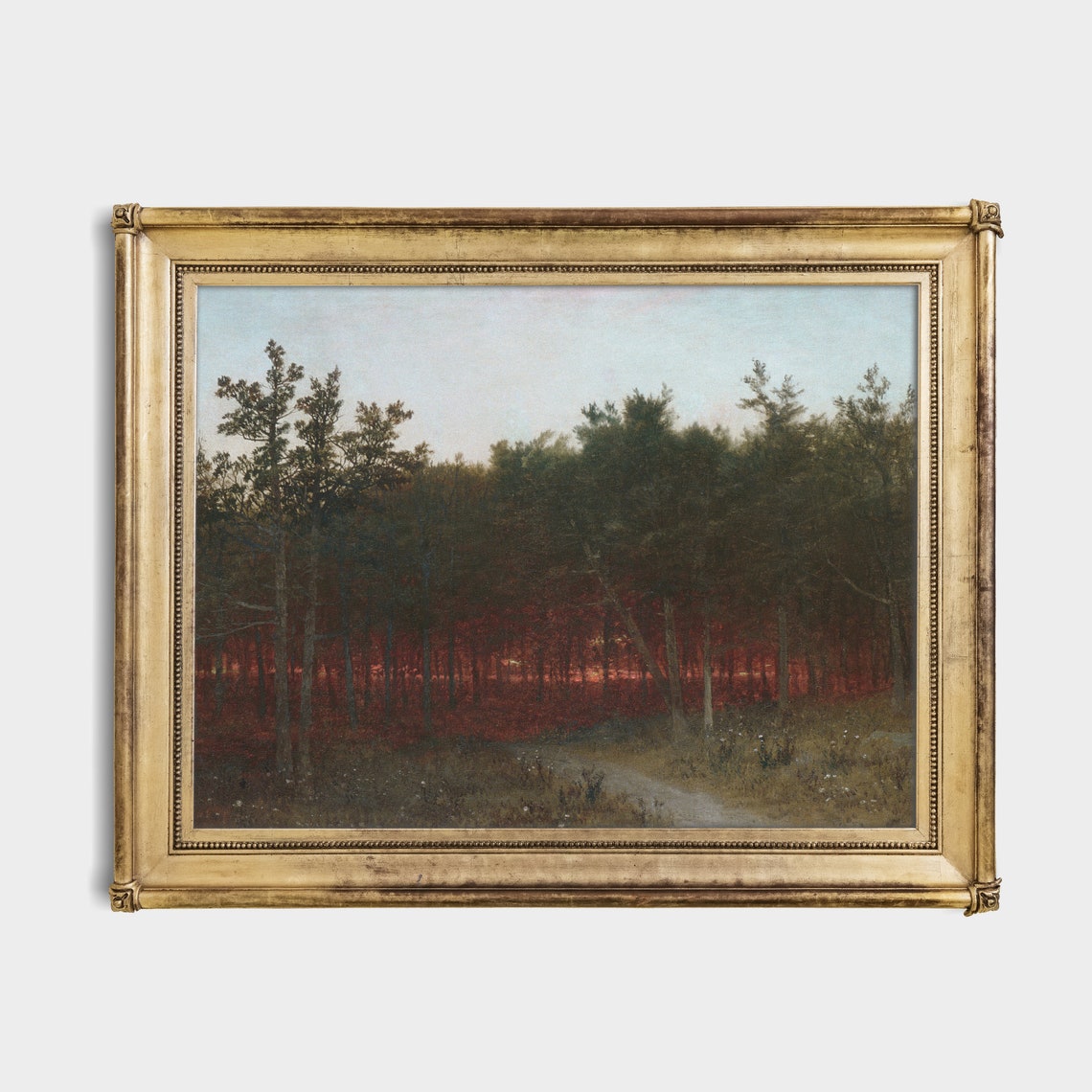 Twilight Pine Forest With Red Sunset Glow Vintage Painting Poster - Image 4