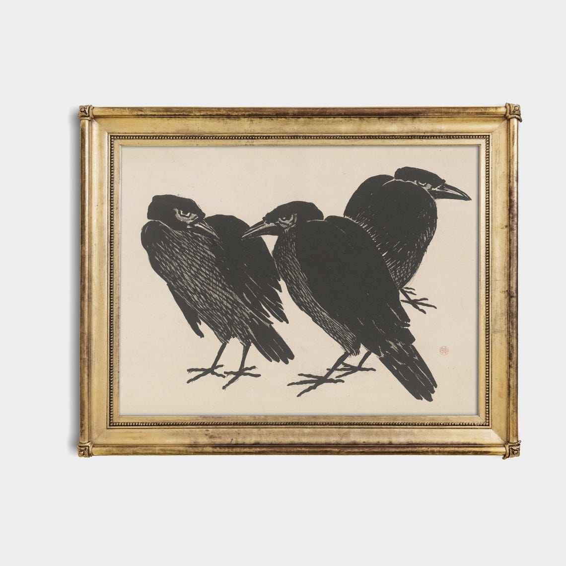 Three Crows Bold Japanese Ink Drawing Antique Bird Art Poster - Image 4