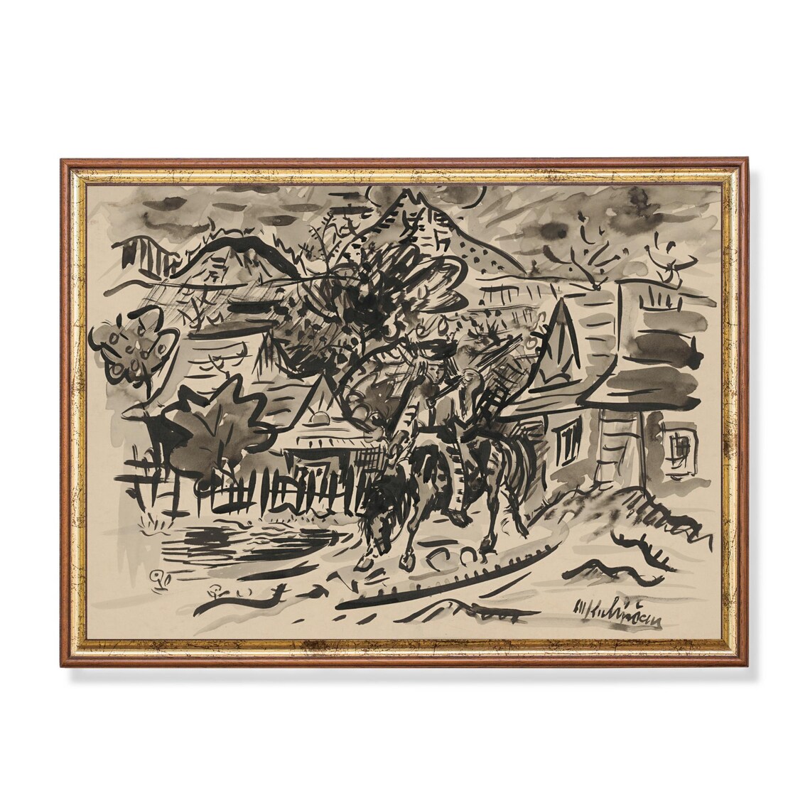 Mountain Village Ink Sketch with Horse Rider and Church Poster - Image 5