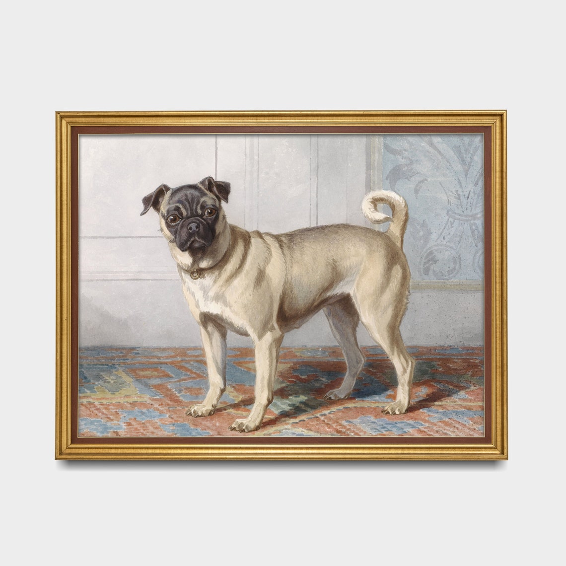 Pug Dog Standing on a Patterned Rug Antique Pet Portrait Poster - Image 5