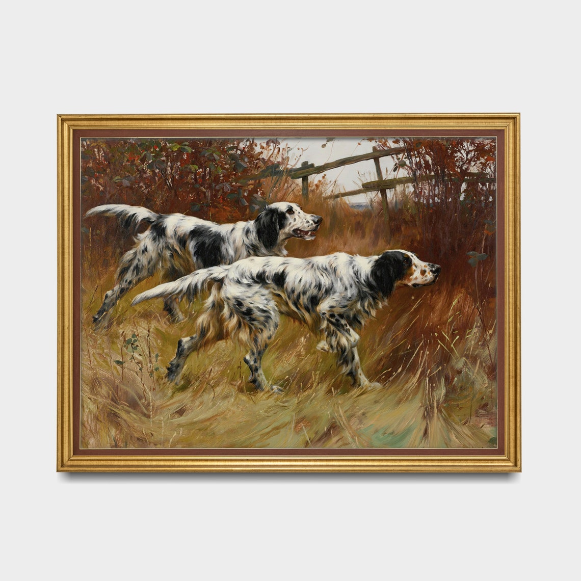 Atmospheric Two English Setter Dogs Hunting in a Field Poster - Image 3