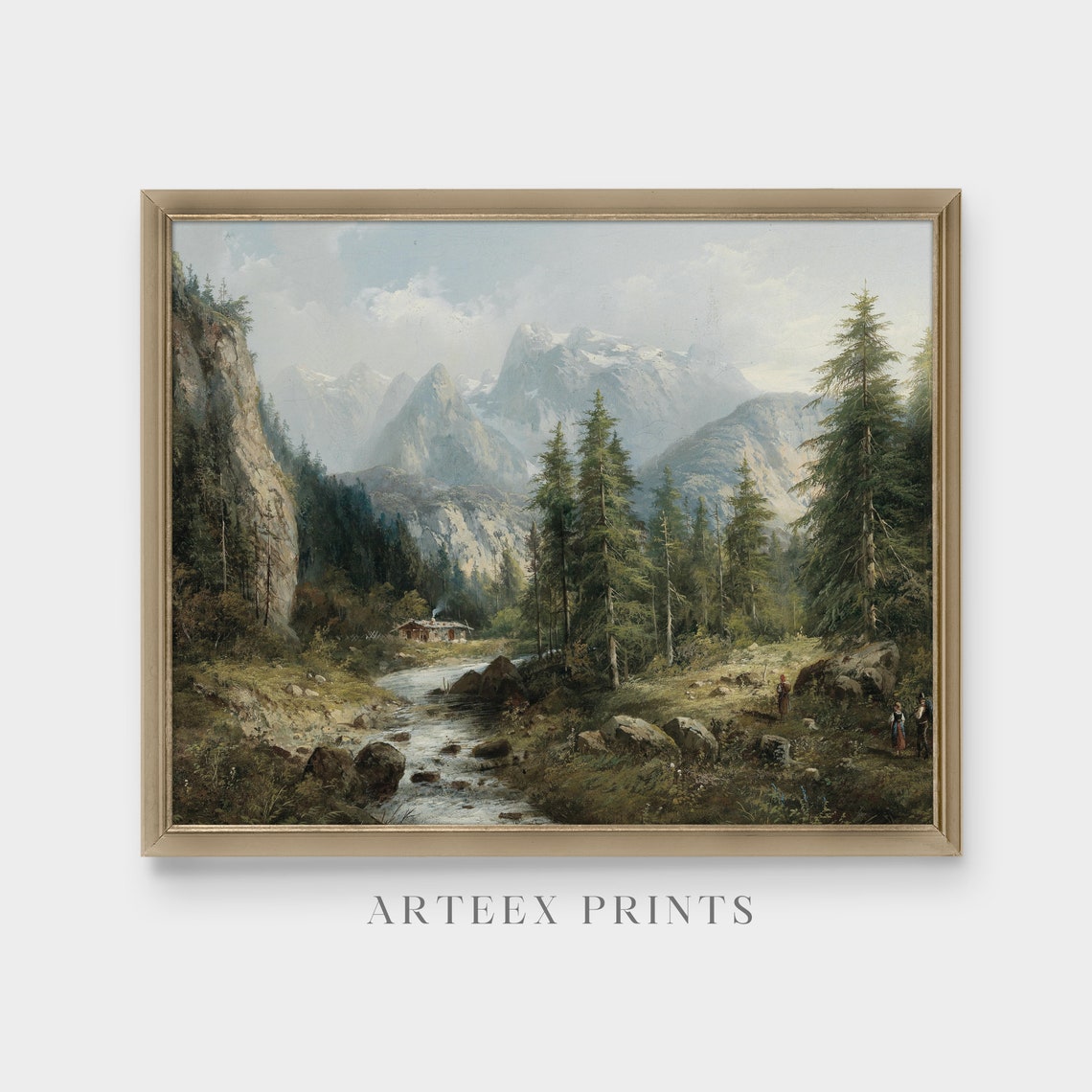 Alpine Stream with Smoky Cabin and Snowy Peaks Vintage Nature Poster - Image 5