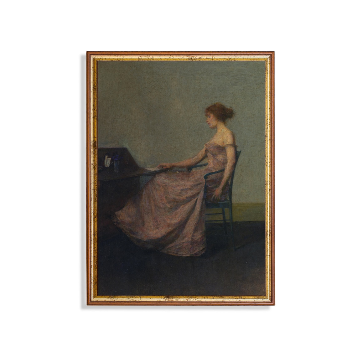 Woman in Pink Gown Seated at a Dark Desk Vintage Portrait Poster