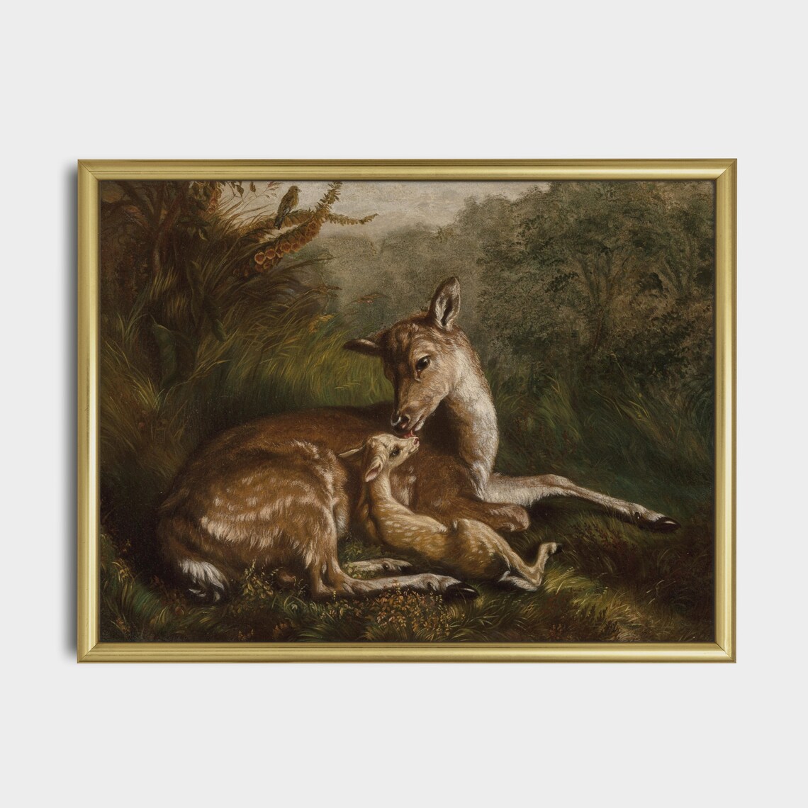 Doe Nuzzling Fawn In Forest Clearing Vintage Deer Oil Painting Poster - Image 3