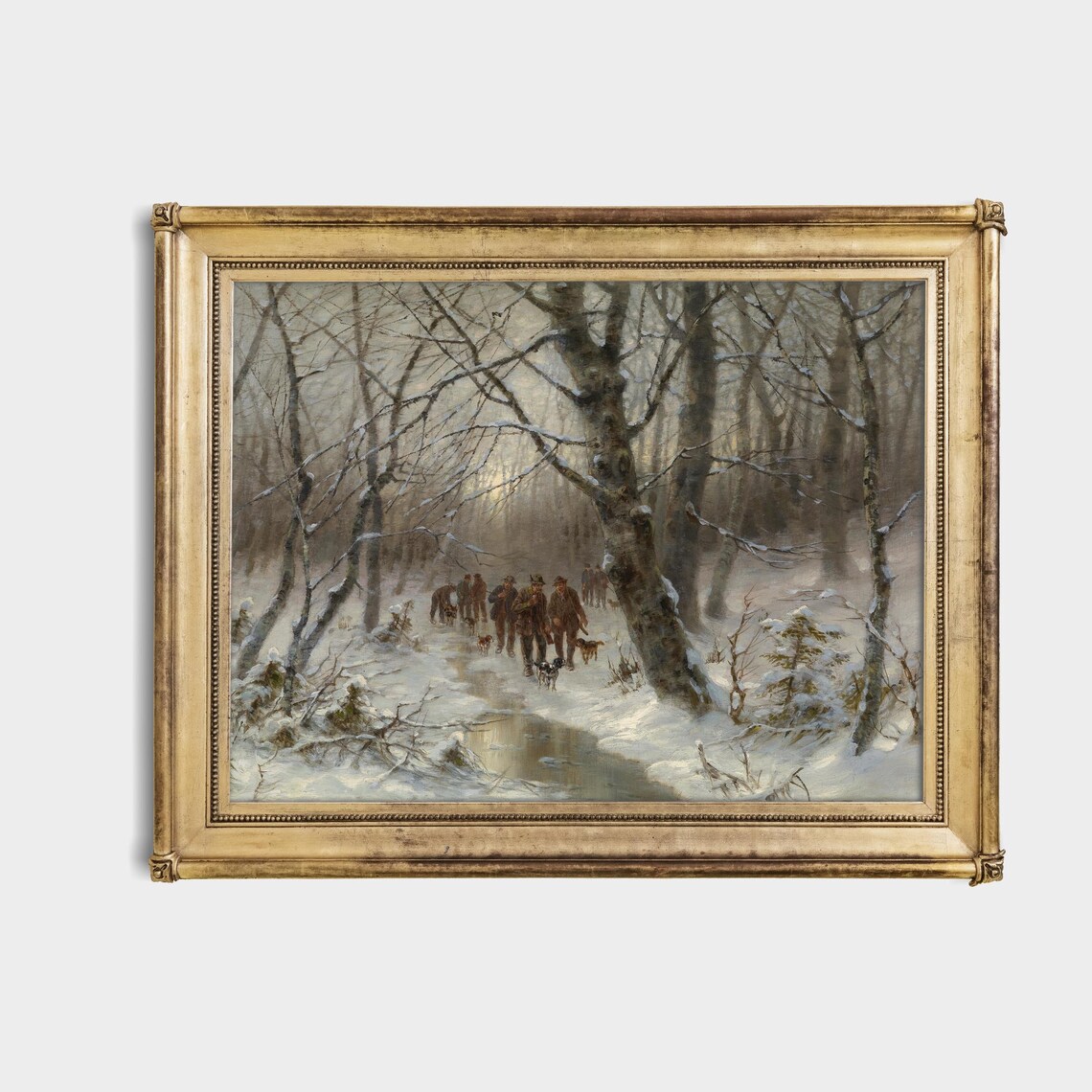 Party Of Hunters With Dogs In A Snowy Winter Forest Vintage Poster - Image 4