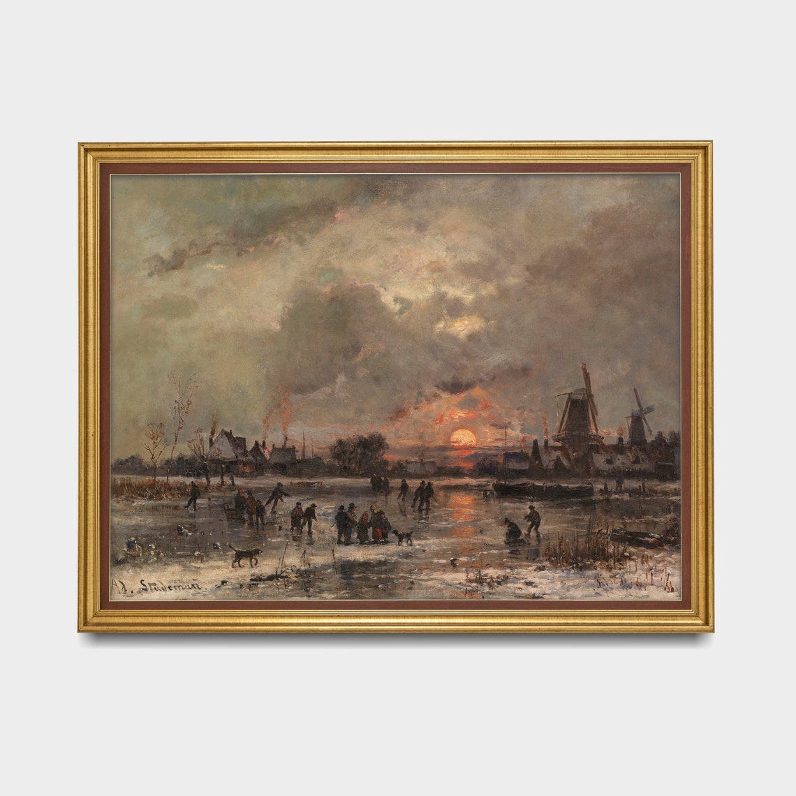 Dutch Skaters on Frozen Canal at Sunset Vintage Winter Poster - Image 3