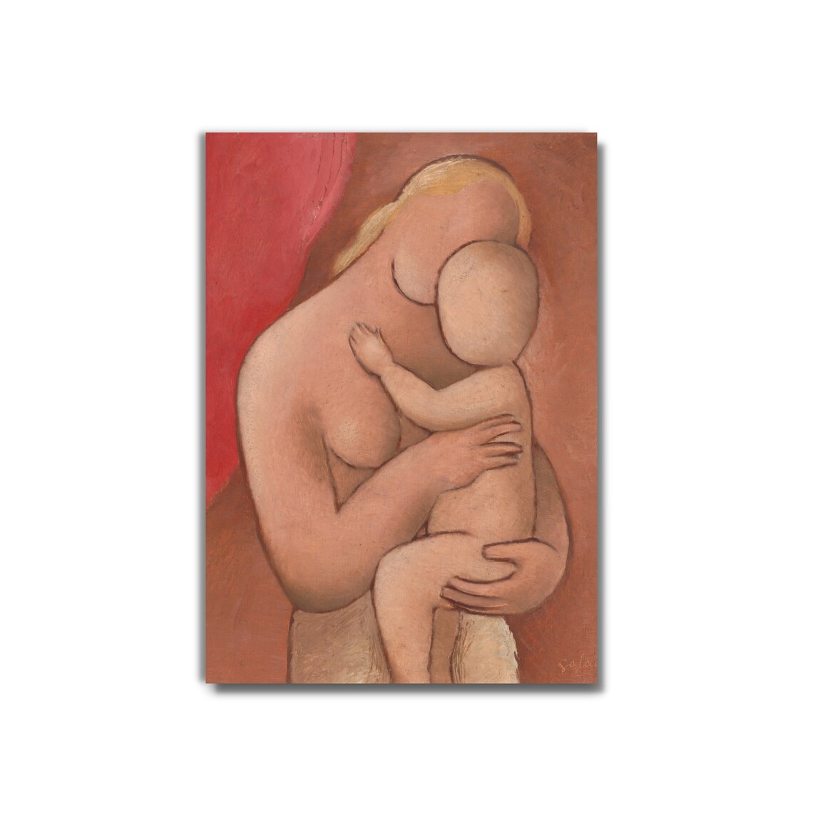 Mother and Child Embrace Expressionist Painting in Warm Reds Wall Art