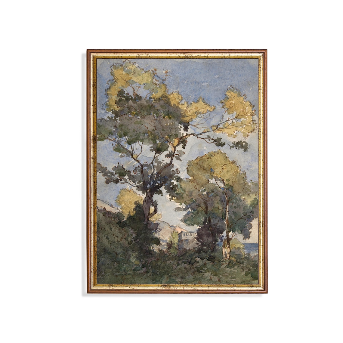 Golden Canopy Trees Above a Village Watercolor Landscape Poster