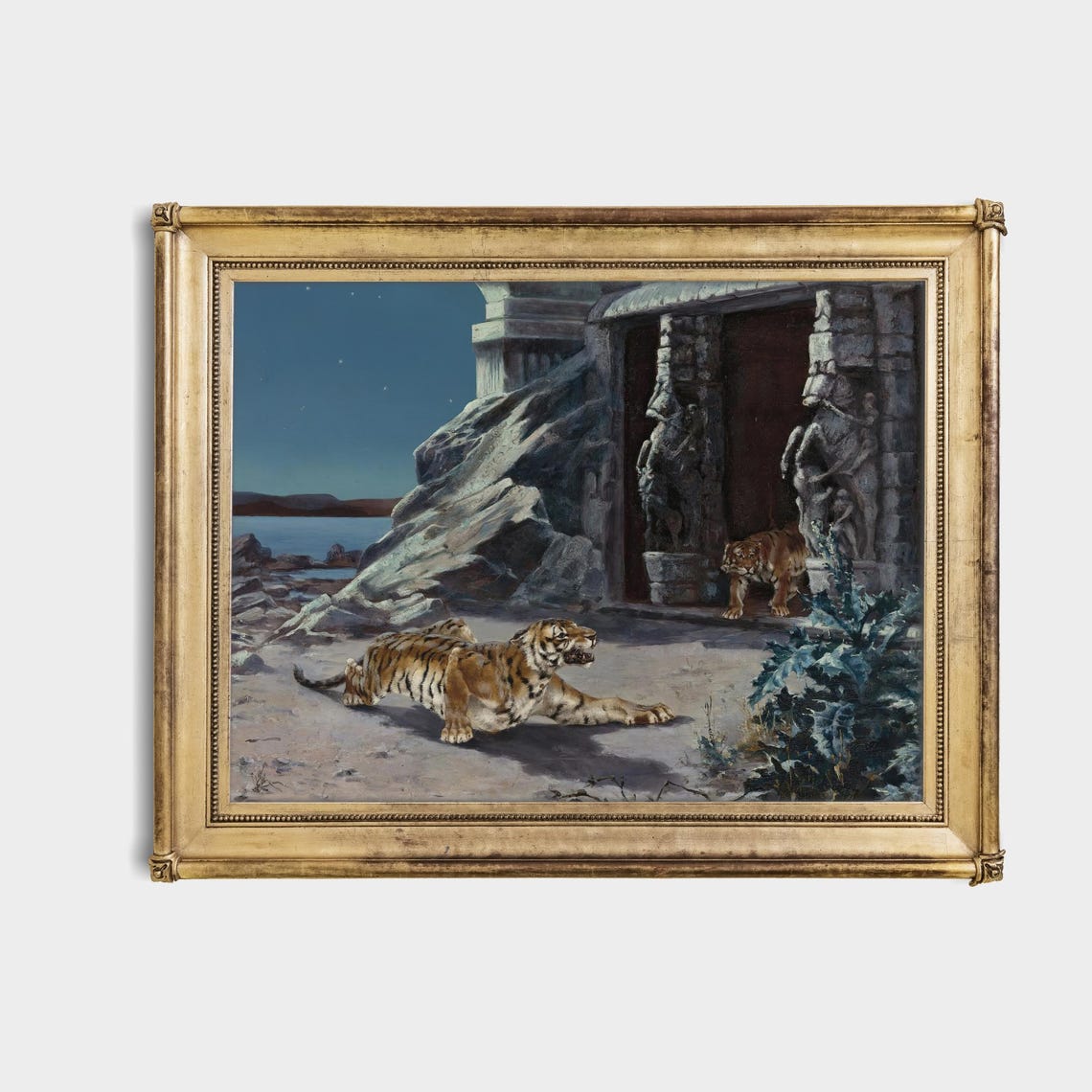 Two Tigers Prowling at an Ancient Temple by Moonlight Poster - Image 4