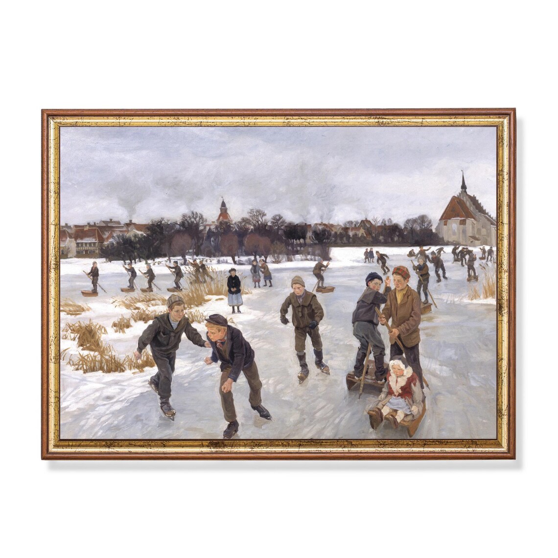 Children Ice Skating on Frozen Lake Vintage Winter Art Poster