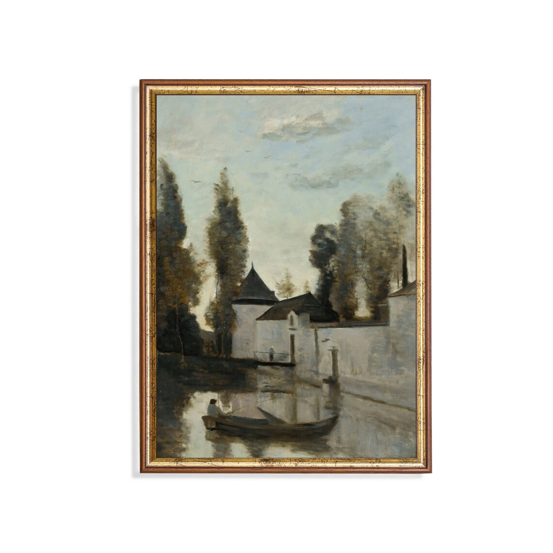 Quiet Riverside Mill Vertical Vintage Landscape Painting Water Poster