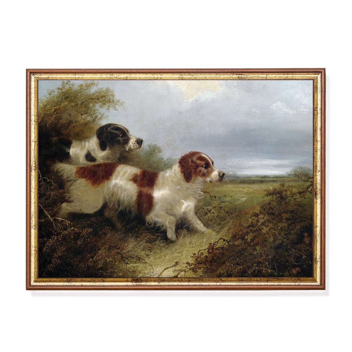 Vintage Hunting Dogs Flushing Game Birds Field Oil Painting Poster