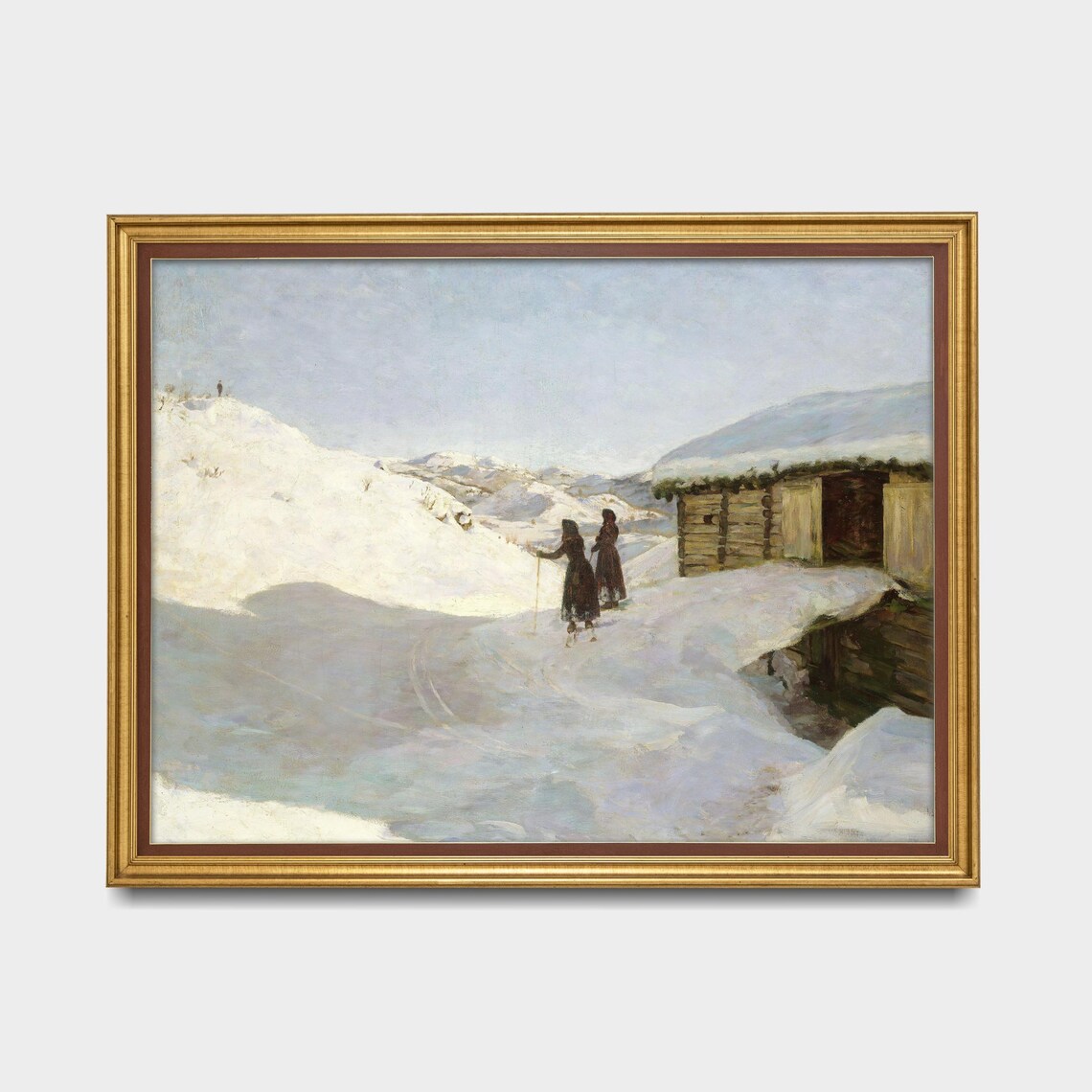Two Small Figures in Snow by a Wooden Hut Minimal Winter Poster - Image 5