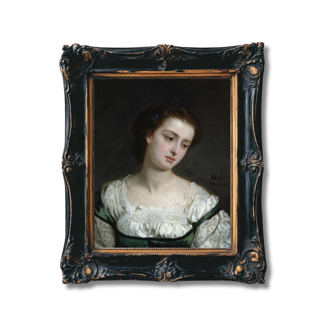 Victorian Young Woman Portrait White Blouse Dark Background Oil Poster