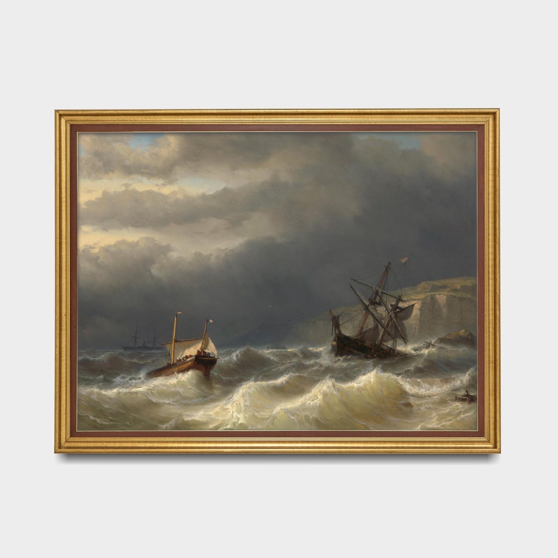Sailing Ships Battling Storm Waves Near Rocky Cliffs Marine Poster - Image 5