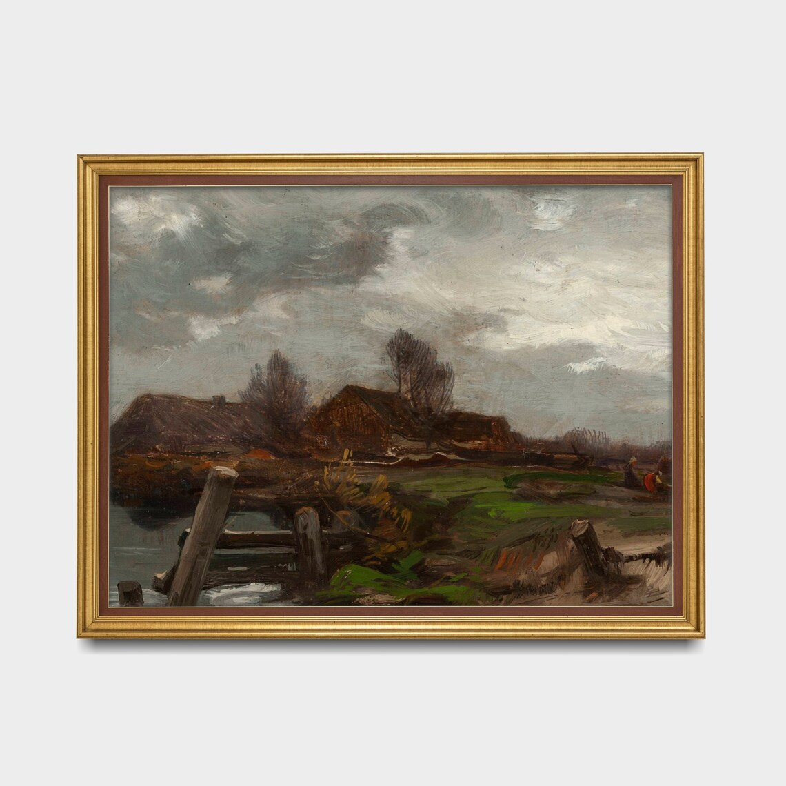 Dutch Cottages by a Canal Moody Antique Countryside Painting Poster - Image 3