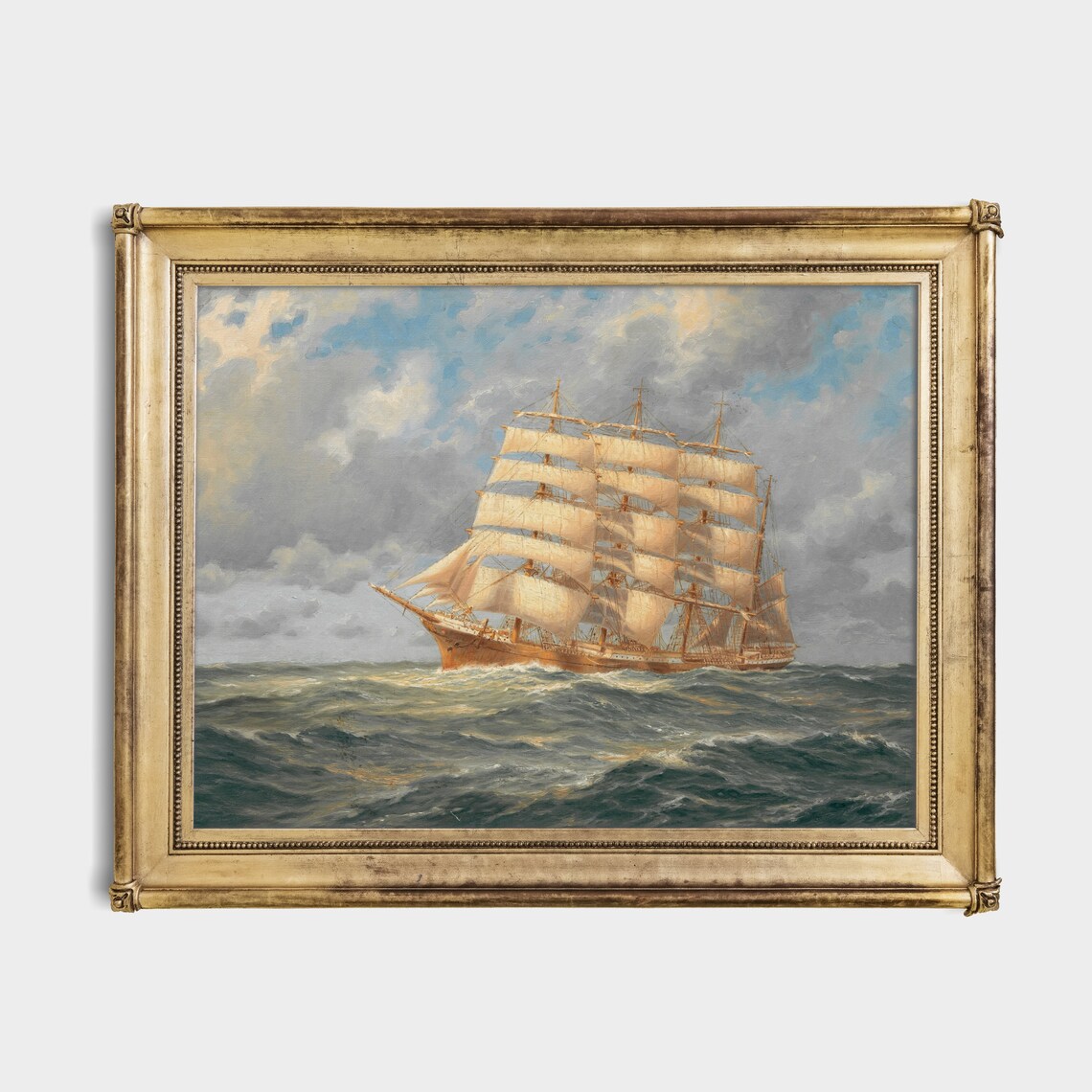 Full Rigged Tall Ship Sailing Stormy Seas Marine Oil Painting Poster - Image 2