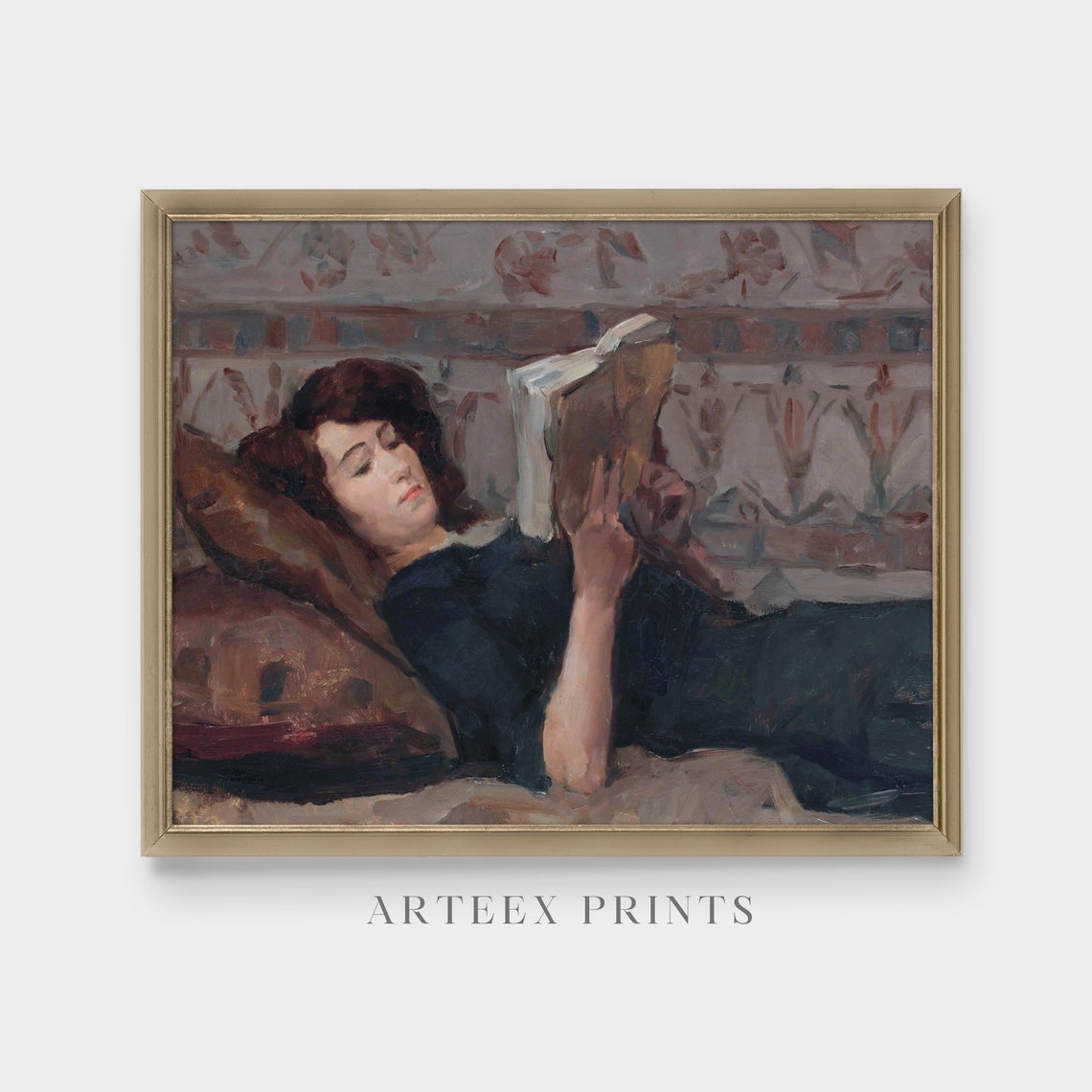 Woman Reading on a Chaise Longue Patterned Wallpaper Vintage Oil Print - Image 5