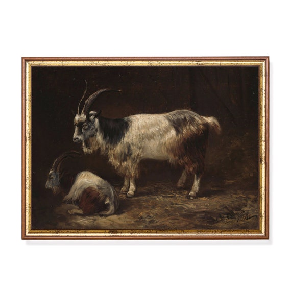 Printed And Shipped Vintage Two Goats Painting Antique Art Print Animal Art Work Moody Rustic Print Farmhouse Decor Fine Art