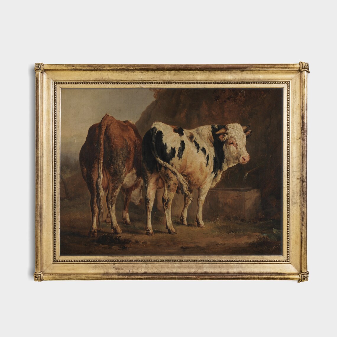 Spotted Bull and Cow in Dark Barn Antique Farm Animal Painting Poster - Image 2