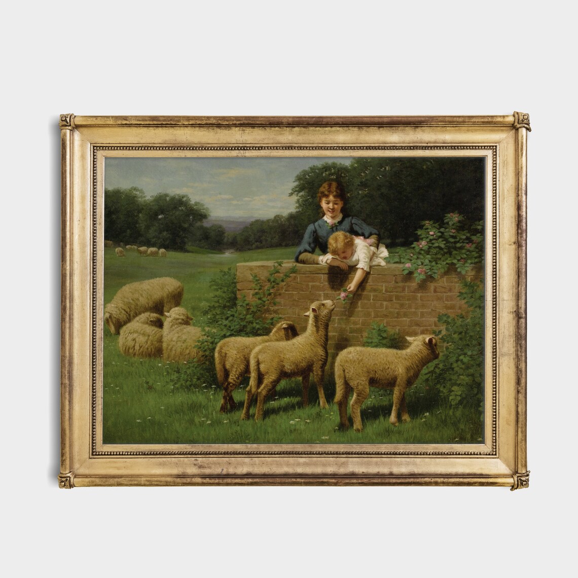 Two Girls Feeding Lambs Over a Brick Wall Pastoral Vintage Poster - Image 2