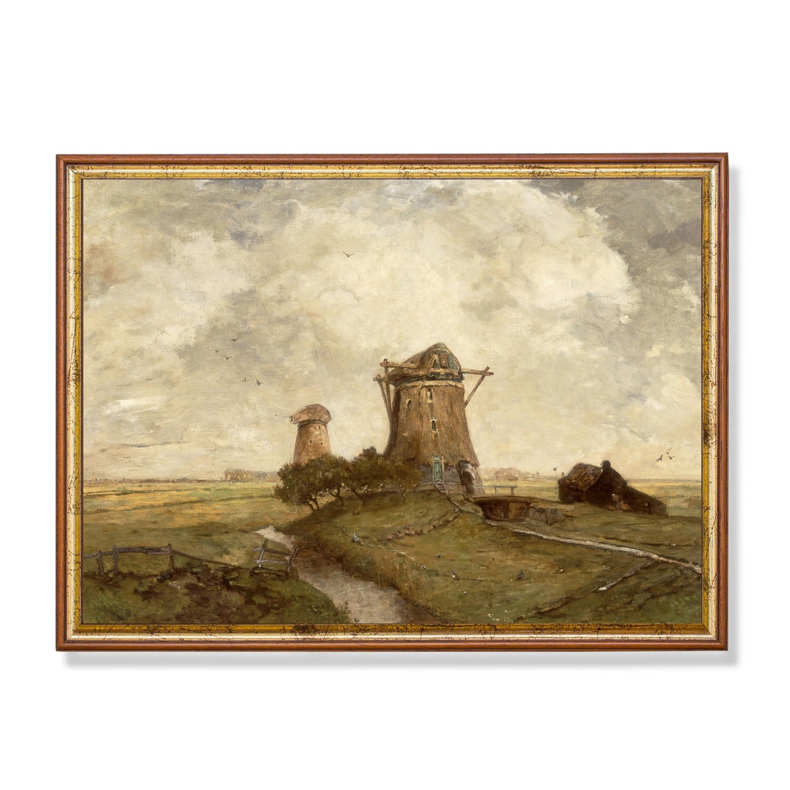 Dutch Windmills Under Cloudy Sky Canal Vintage Landscape Poster