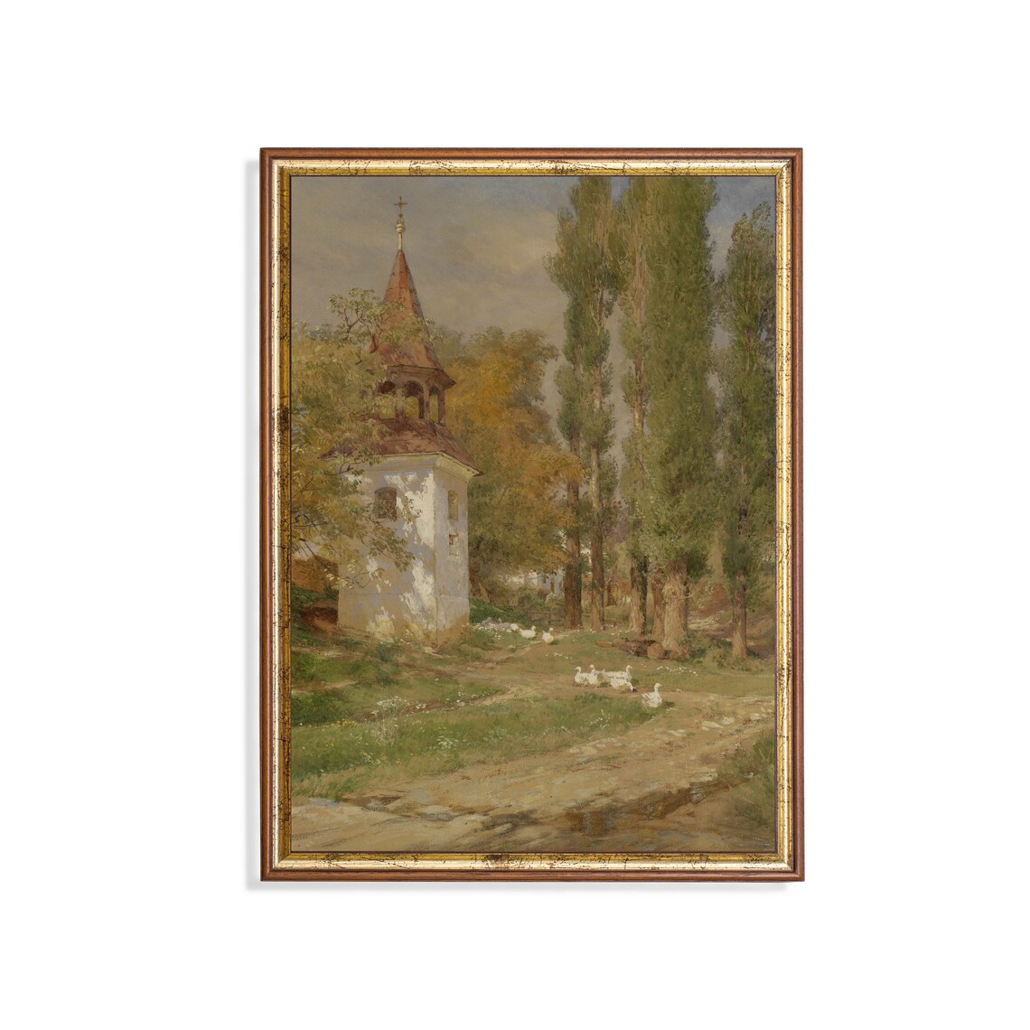 White Country Chapel With Poplars and Wandering Geese Vintage Poster