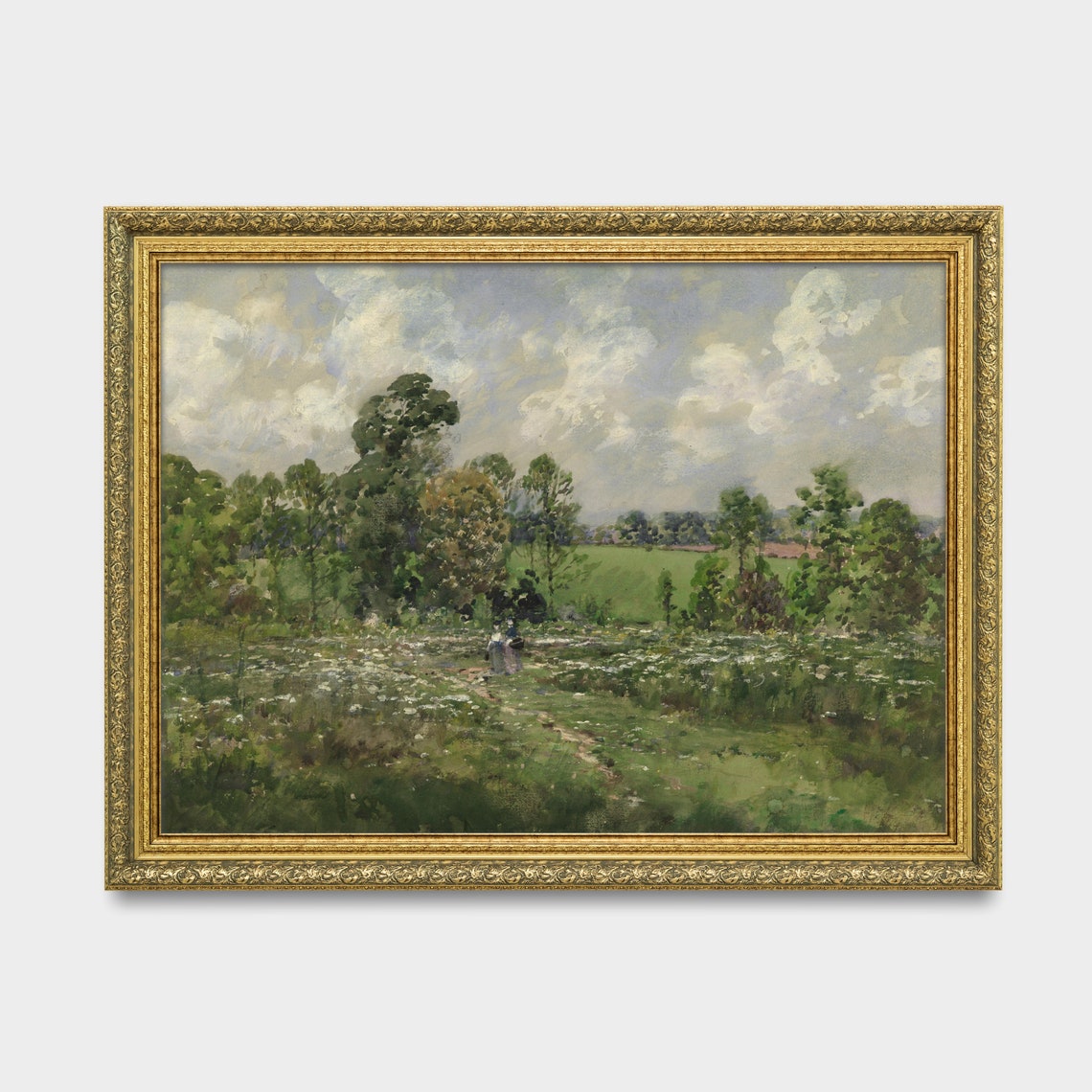 Two Figures Strolling a Summer Meadow Antique Painting Poster - Image 2