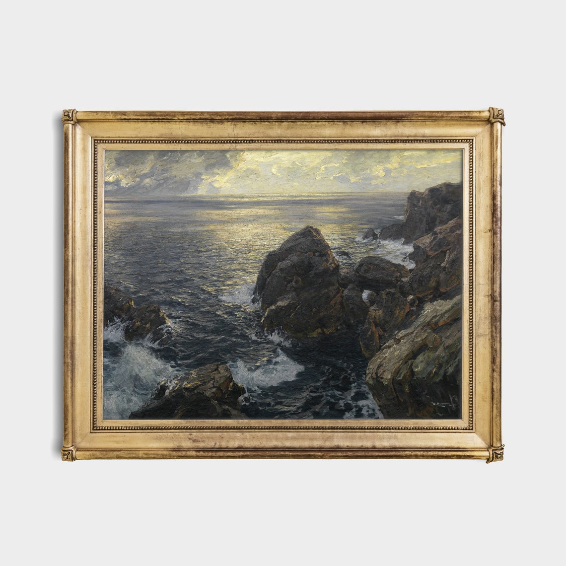 Rocky Coastline Sunset Waves Vintage Seascape Painting Poster - Image 4