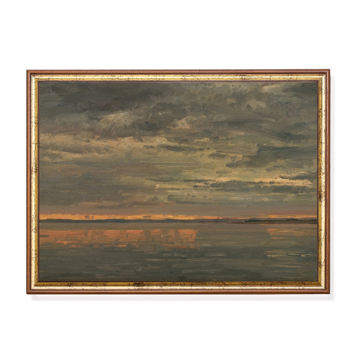 Glowing Orange Sunset Over a Calm Sea Beneath Dark Clouds Poster
