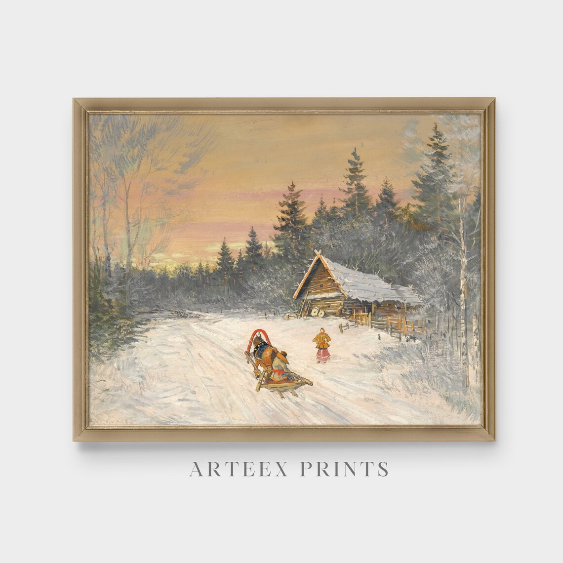 Horse Sleigh At Sunset Near A Wooden Cabin Vintage Winter Poster - Image 3