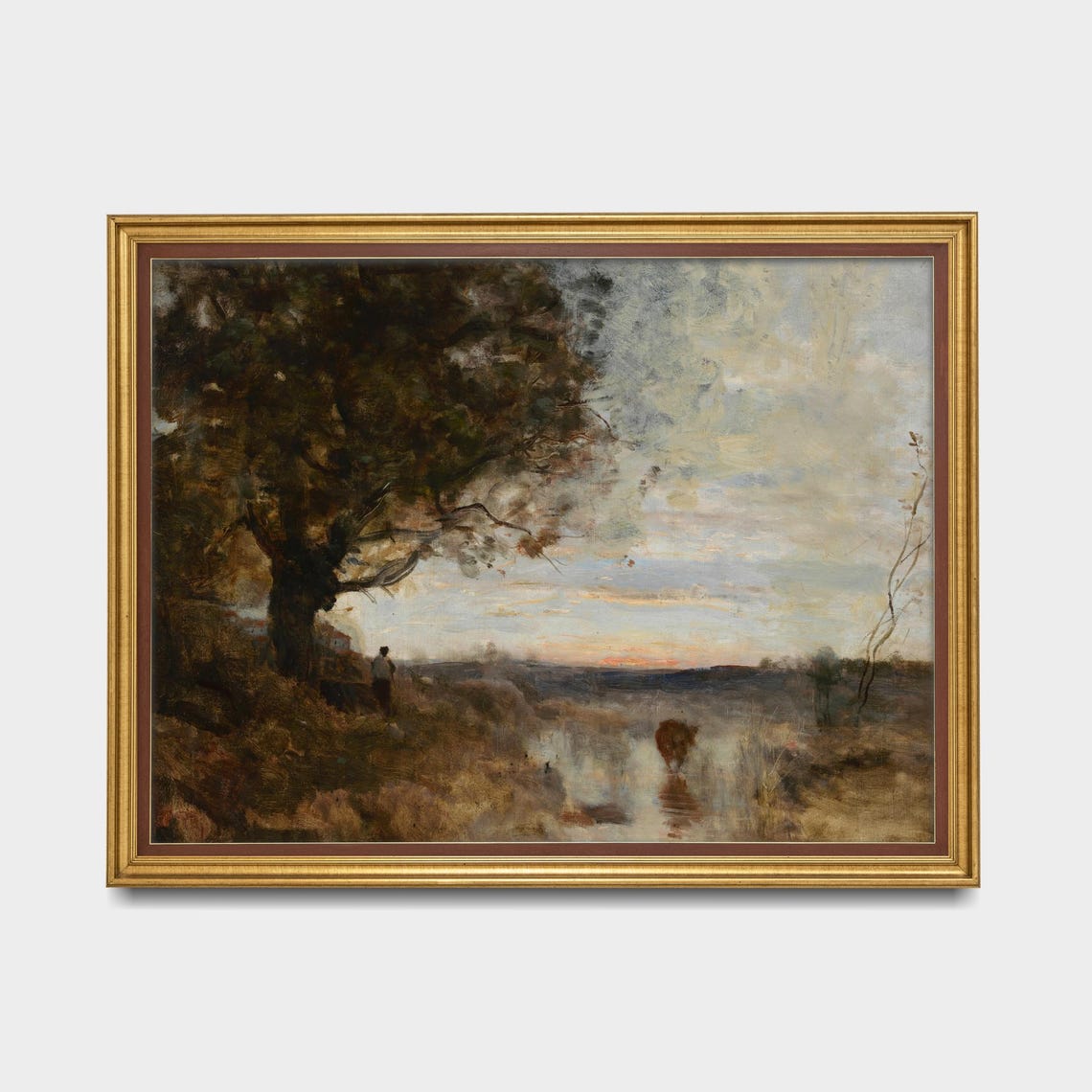 Soft Sunrise over a Misty Moor with Cow and Figure Rustic Poster - Image 5
