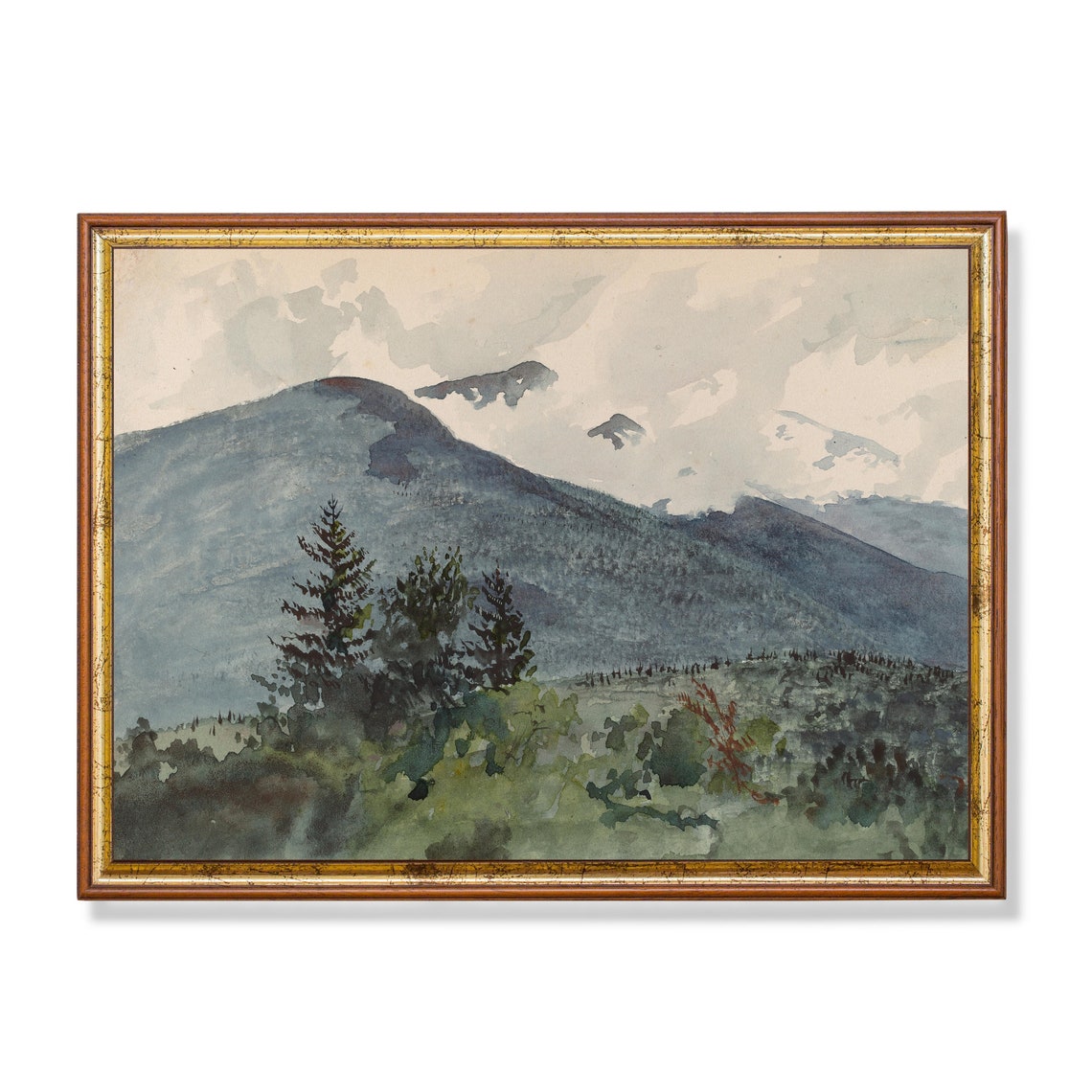 Blue Mountain Peak Rising Above Pine Forest Antique Watercolor Poster