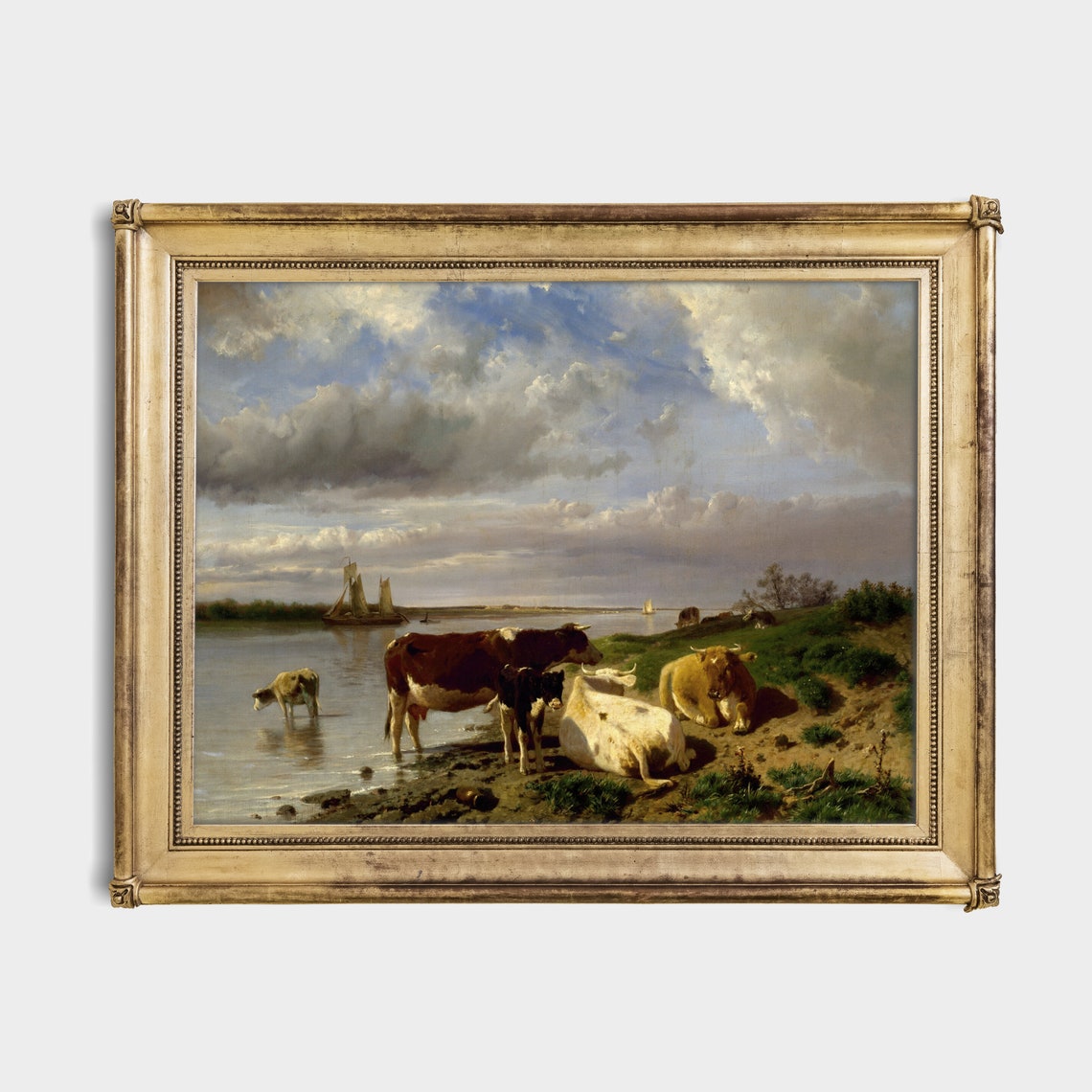 Cattle Resting on a Riverbank with Sailboat Landscape Poster - Image 2