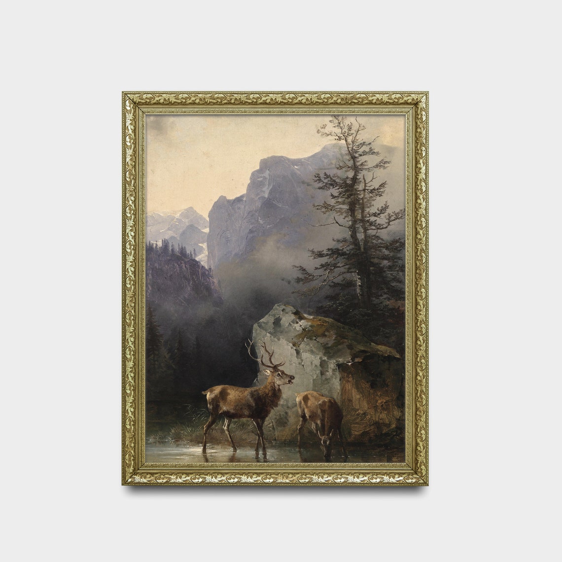 Two Red Deer Drinking at Mountain Lake Vintage Wildlife Poster - Image 2