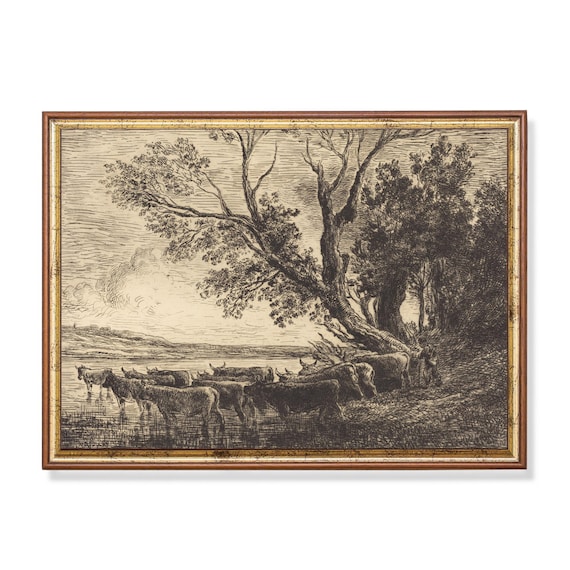 Print And Ship Landscape Sketch Print Vintage Drawing Neutral Rustic Country Decor Antique Etching Wall Art Forest Nature Art