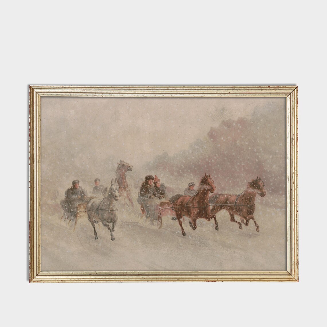 Horse Sleighs Racing Snowstorm Vintage Winter Scene Art Poster - Image 3