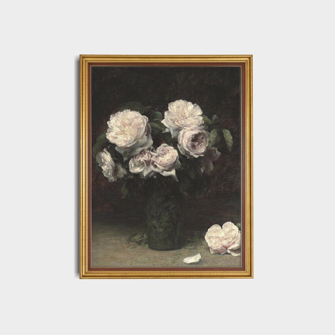 White Roses in a Dark Glass Vase Still Life Vintage Oil Poster - Image 3