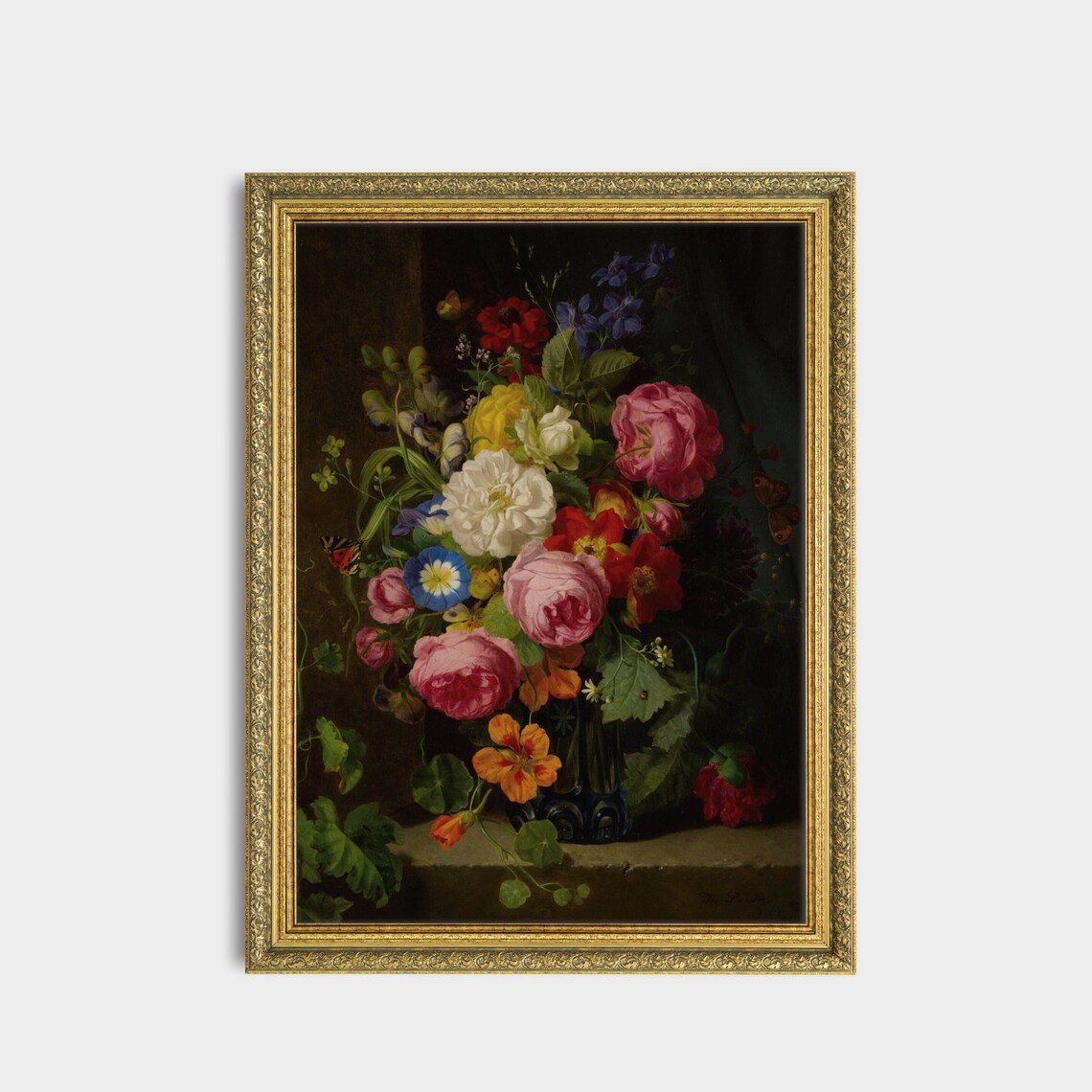 Dutch Bouquet of Roses and Morning Glories Dark Floral Poster - Image 3