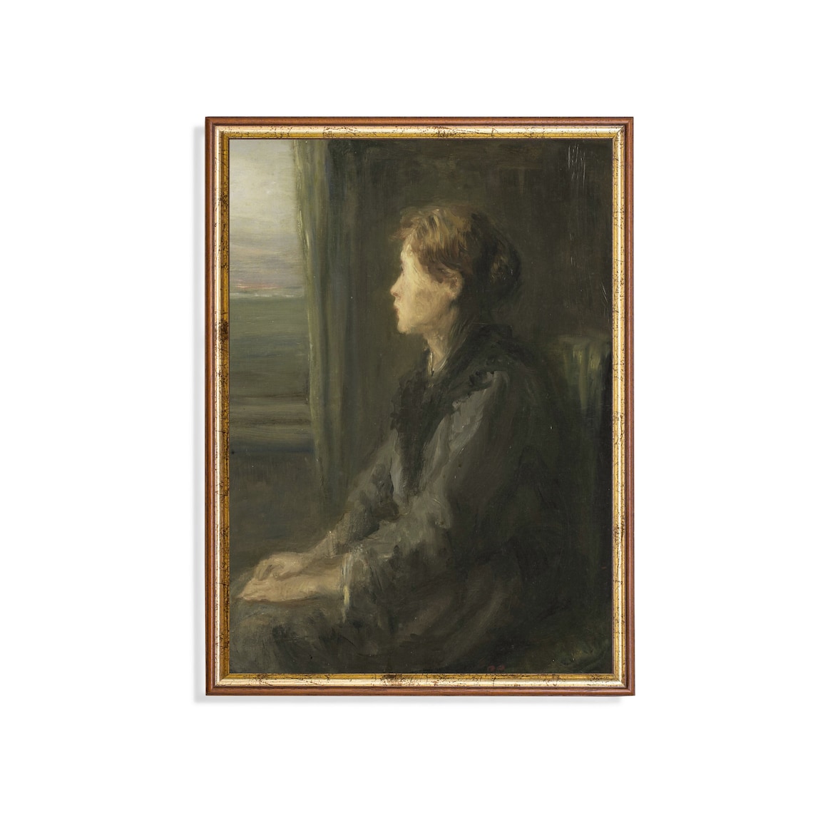 Woman Gazing From a Window Vintage Moody Portrait Painting Poster