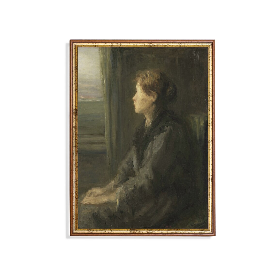 Woman Seated at a Tall Window Gazing at the Sea Vintage Wall Art